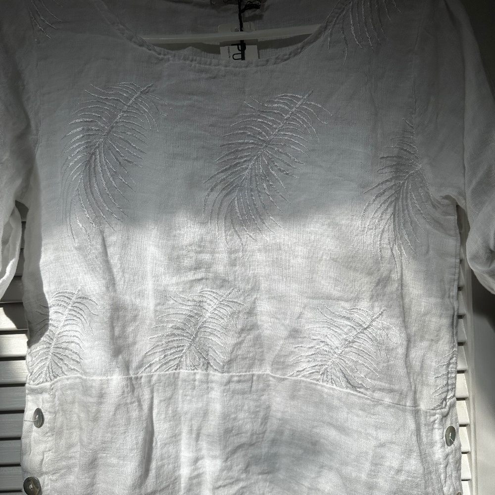 Lungo L'Arno Linen Blouse Short Sleeve Tropical Palm Embroidery Side Buttons - Picture 17 of 17